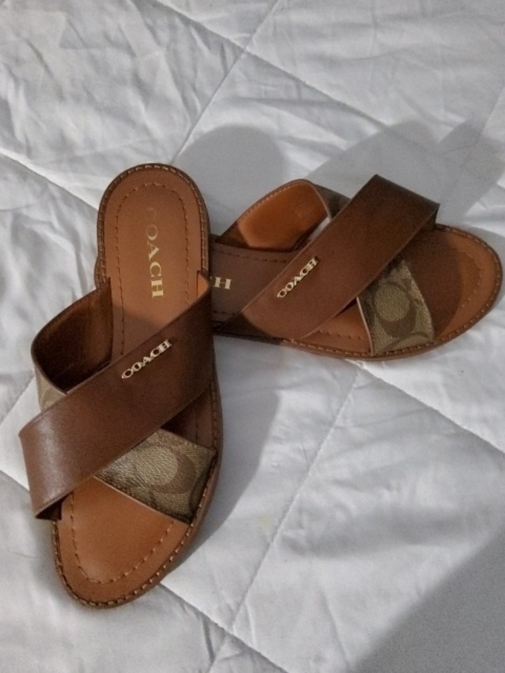 Coach Brown Leather & Signature Canvas Cross-Strap Slide Sandals